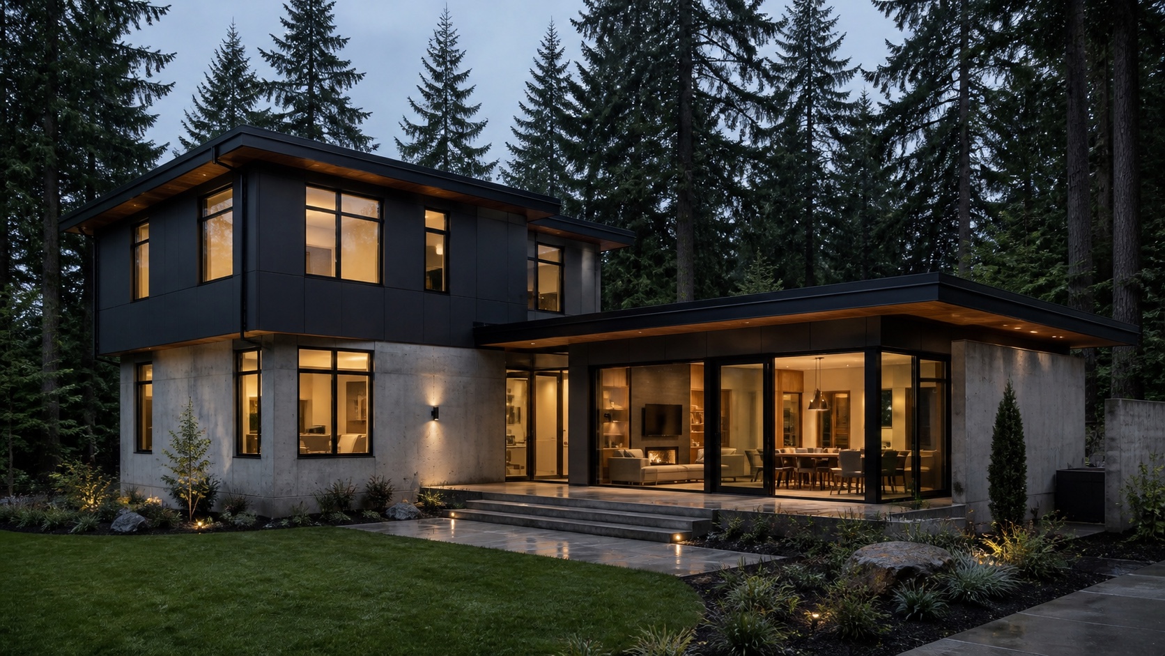 Charcoal and concrete house concept with a connected glass-fronted living-room addition at dusk
