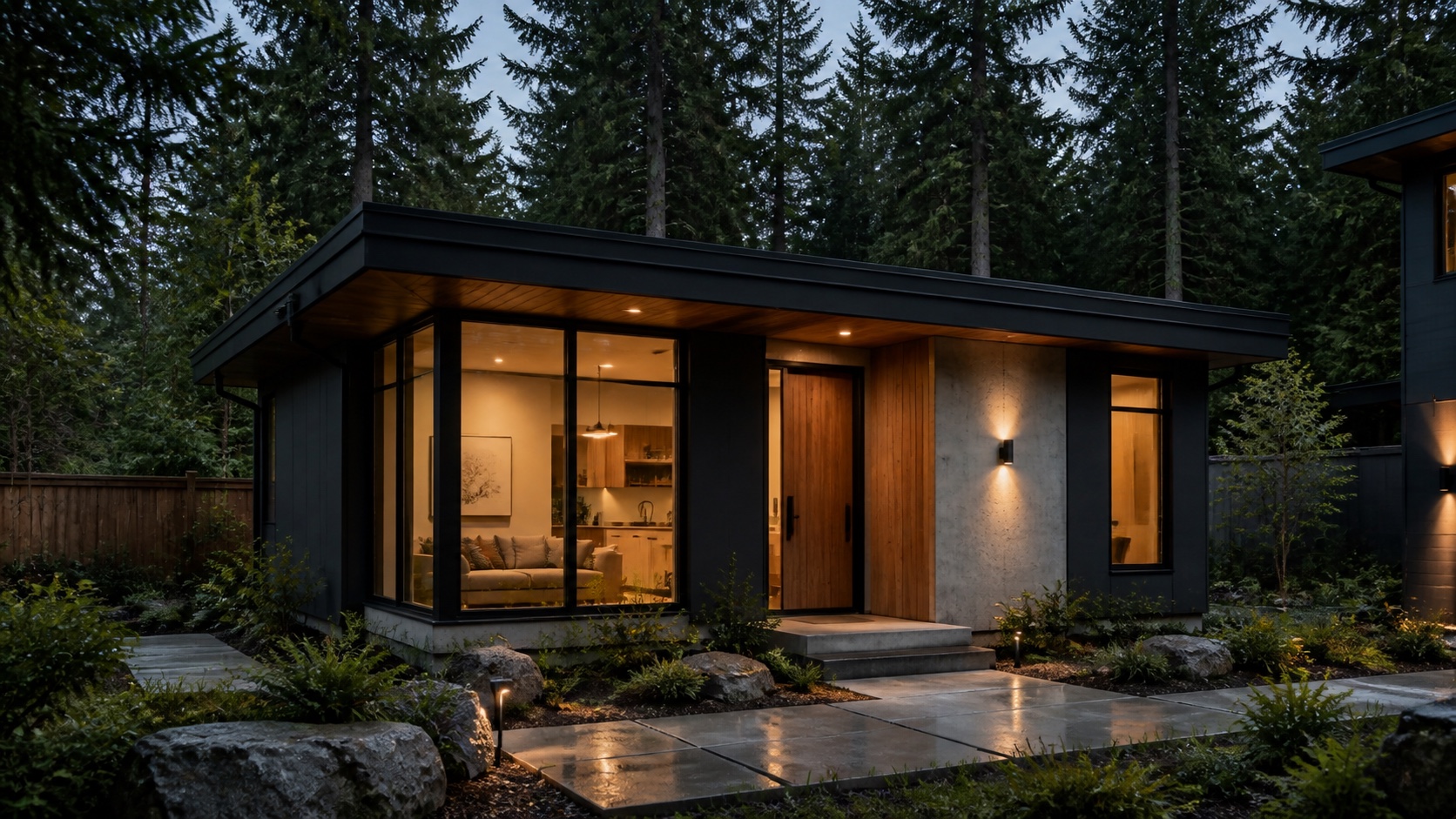 Compact charcoal, cedar, and concrete backyard dwelling concept with warm windows and an evergreen garden
