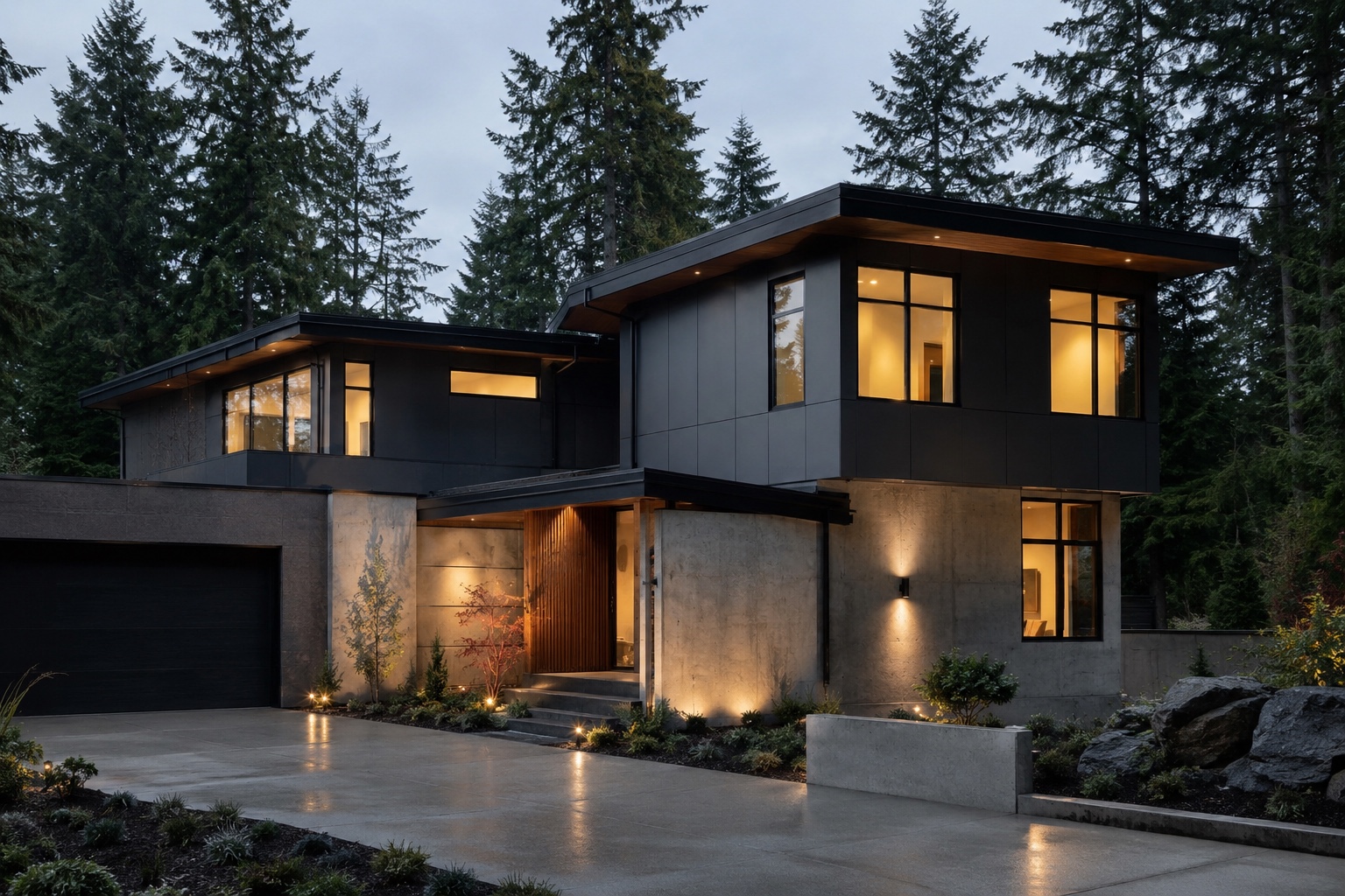 Contemporary charcoal-panel and concrete home with cedar details, warm windows, and evergreen trees