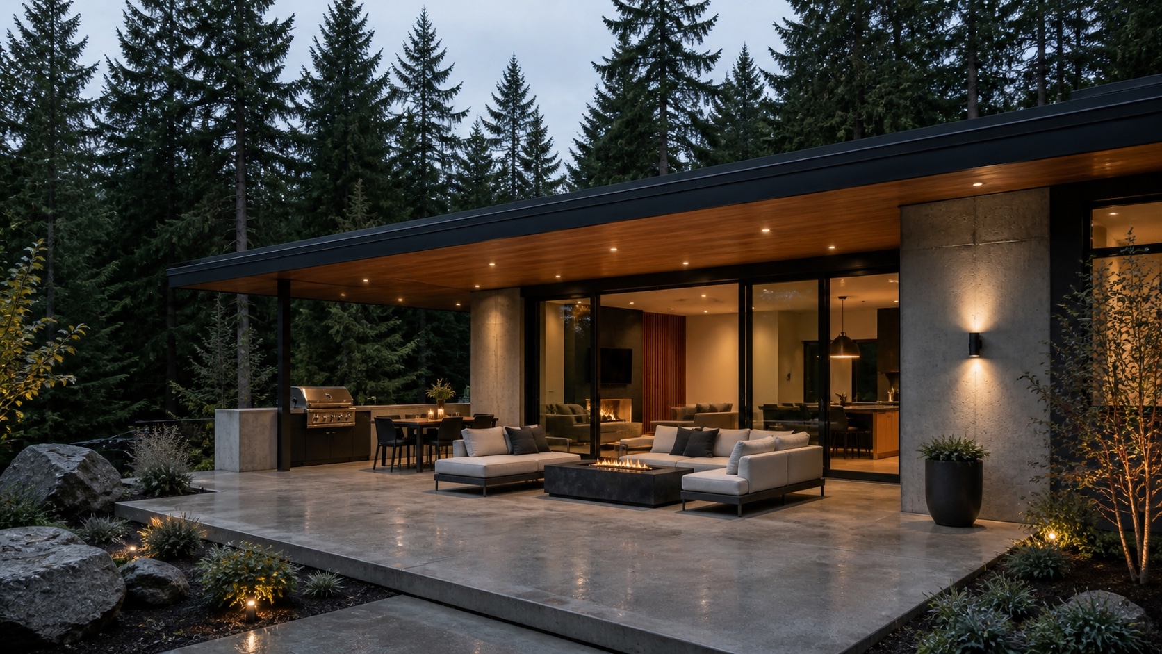 Modern covered terrace concept with a cedar soffit, concrete walls, outdoor seating, and a forest backdrop