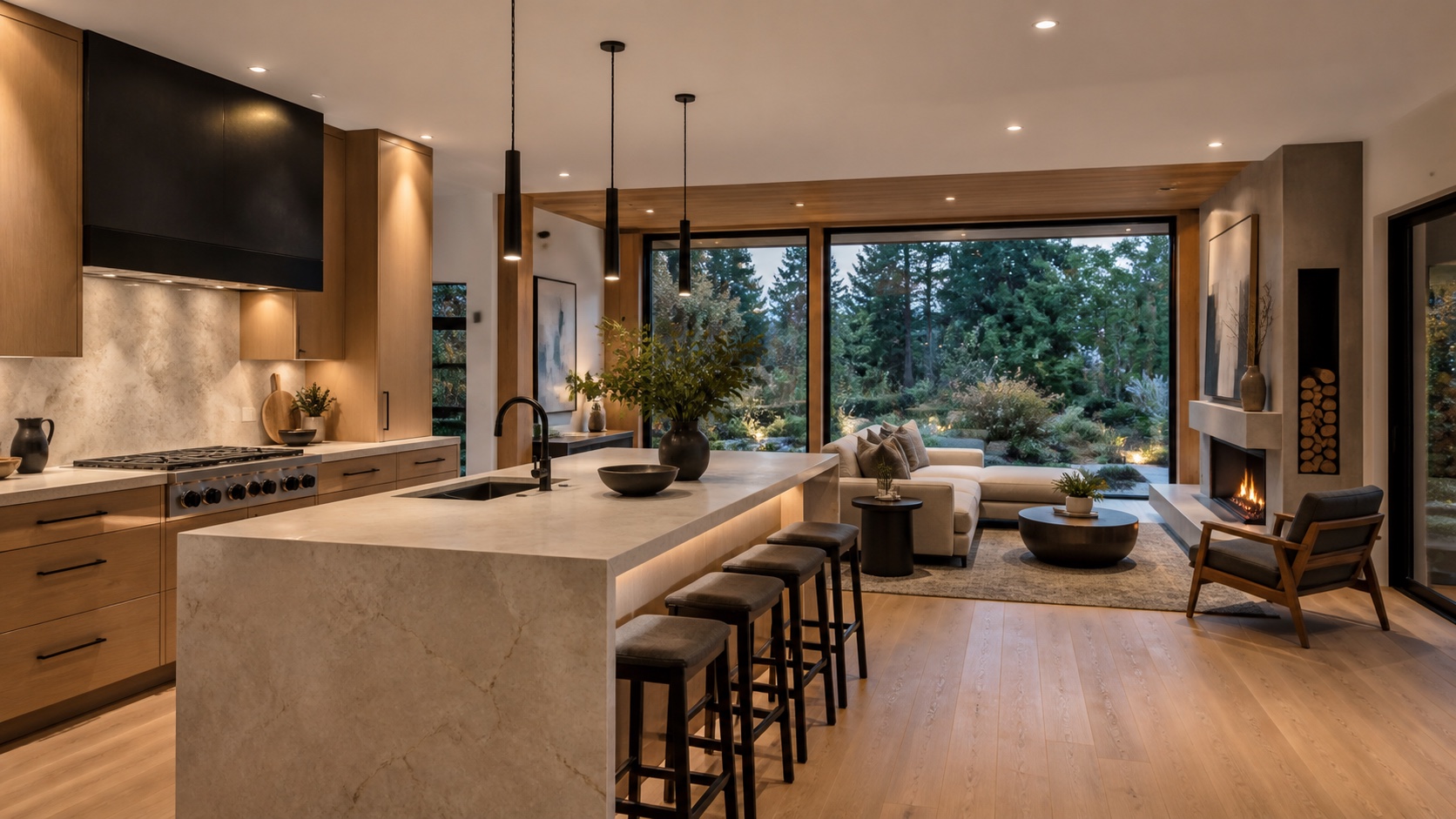 Modern remodeling concept with an oak and limestone kitchen opening into a warm living room